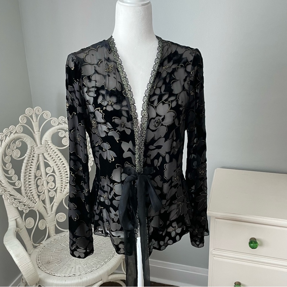 Vintage Floral Burnout Velvet Sheer Blouse, Size M